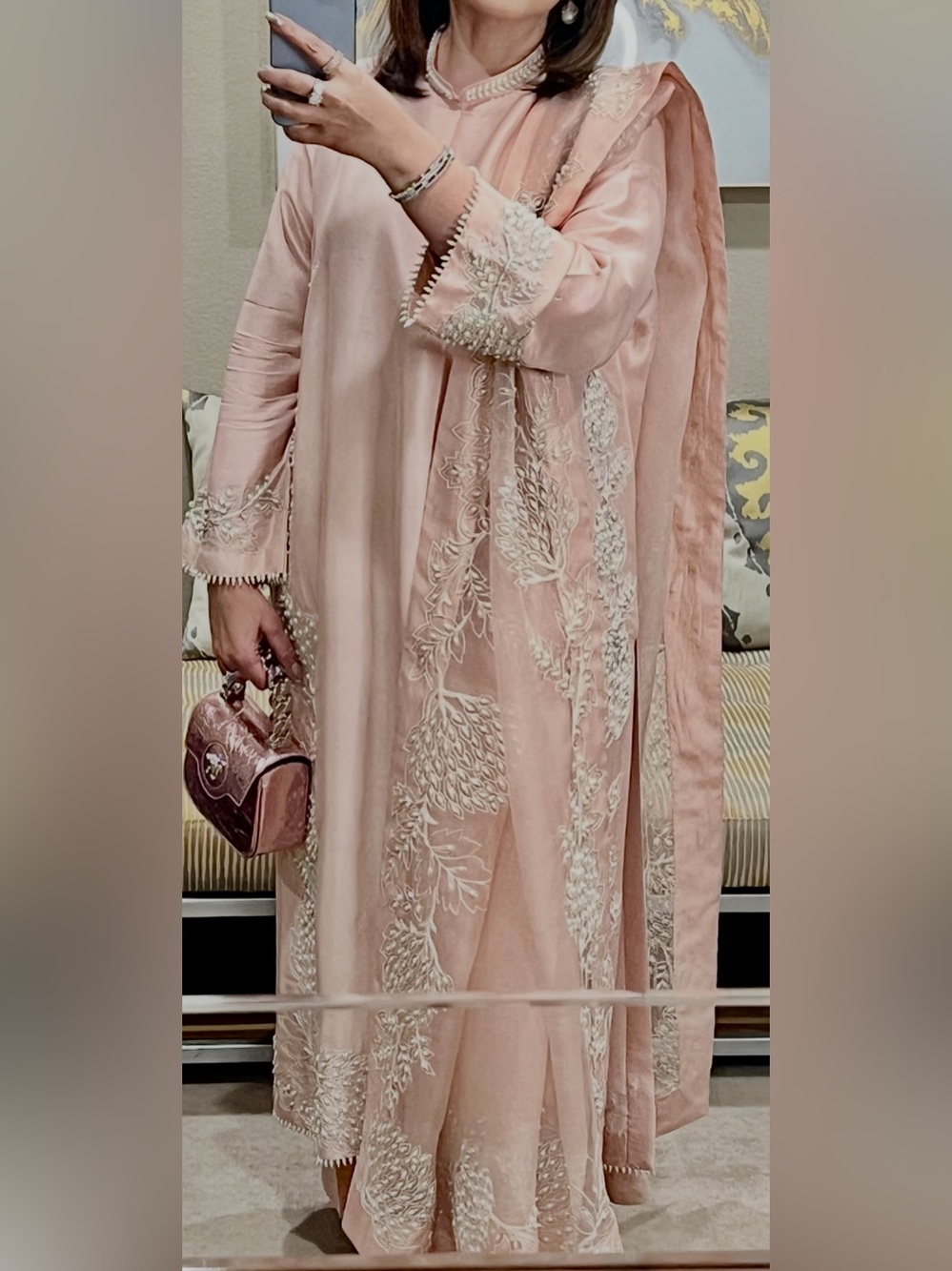 Embroidered Blush Pink Traditional Dress with Scarf